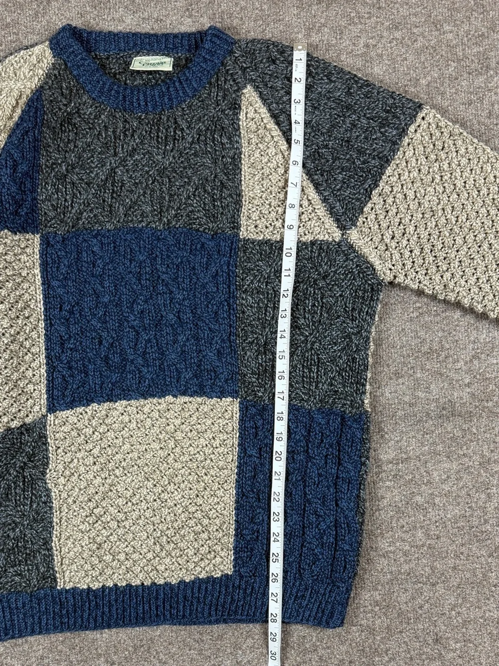 Vintage 90s Hand Knit Merino Wool Colorblock Cableknit Crewneck Sweater Men’s XL